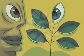 Royalty Free Clipart Image of an Abstract Face and Leaf Design