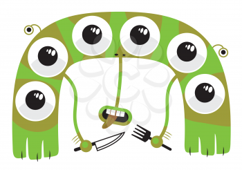 Royalty Free Clipart Image of a Many Eyed Creature With Cutlery