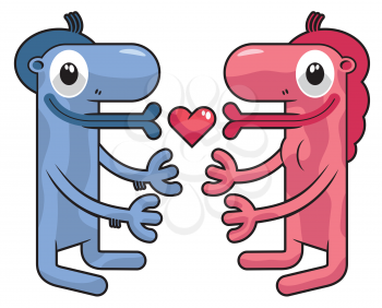 Royalty Free Clipart Image of a Boy and Girl Creature in Love