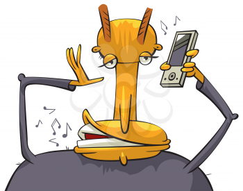 Royalty Free Clipart Image of a Strange Creature Listening to Music