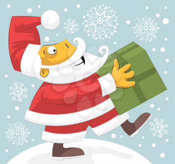 Royalty Free Clipart Image of Santa With a Gift on a Snowflake Background