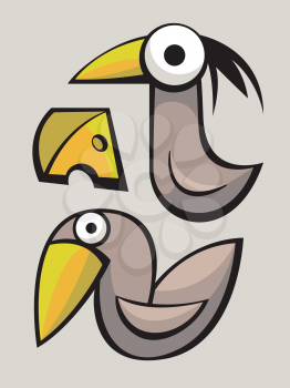 Royalty Free Clipart Image of Cartoon Birds and Cheese