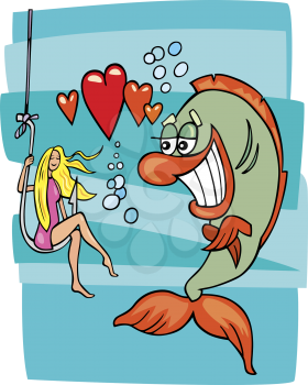 Royalty Free Clipart Image of a Fish in Love With a Pretty Girl on a Hook