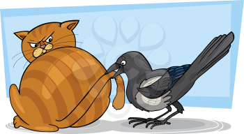 Royalty Free Clipart Image of a Bird Teasing a Cat By Grabbing Its Tail