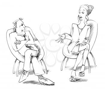 Royalty Free Clipart Image of a Man and Woman Sitting Talking