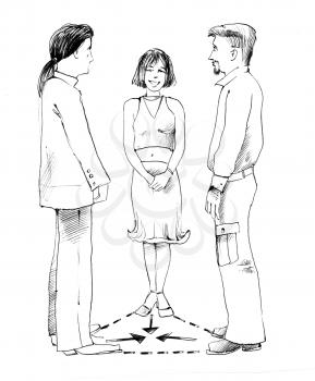 Royalty Free Clipart Image of a Woman Talking to Two Men