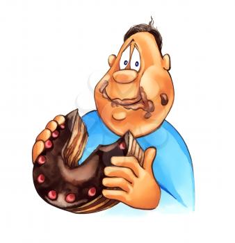 Royalty Free Clipart Image of a Man Eating a Big Chocolate Cake