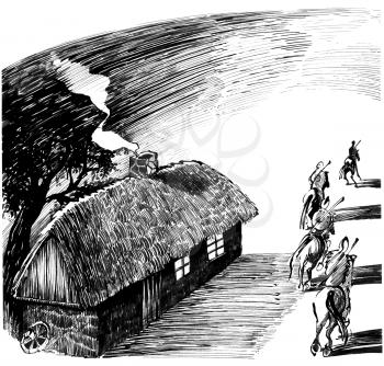 Royalty Free Clipart Image of a Cottage and Horsemen