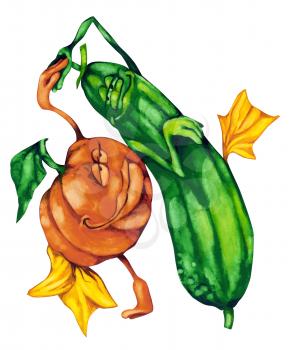 Royalty Free Clipart Image of a Dancing Cucumber and Pumpkin