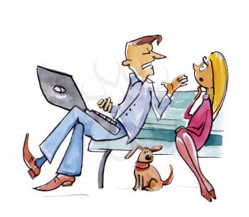 Royalty Free Clipart Image of a Man Talking to a Woman on a Park Bench