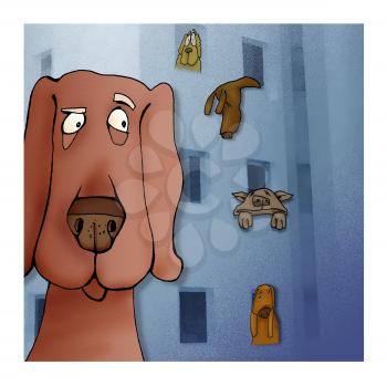 Royalty Free Clipart Image of a Dog in the City With Dogs in Windows