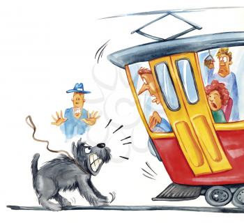 Royalty Free Clipart Image of a Dog Barking at a Tram