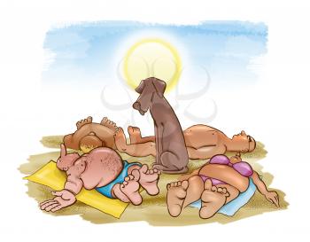 Royalty Free Clipart Image of a Dog in the Centre of People Lying on the Beach