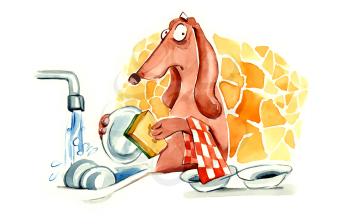Royalty Free Clipart Image of a Dachshund Washing Dishes