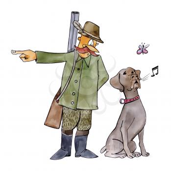 Royalty Free Clipart Image of a Hunter Pointing and His Dog Watching a Butterfly and Whistling