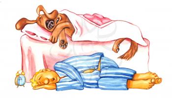 Royalty Free Clipart Image of a Dog in a Bed and a Person on the Floor