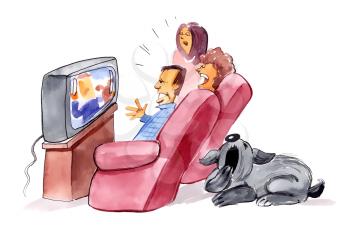 Royalty Free Clipart Image of a Family Watching TV and the Dog Yawning Behind Them
