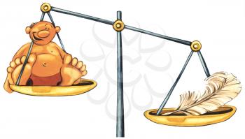 Royalty Free Clipart Image of an Overweight Man and a Feather on a Scale