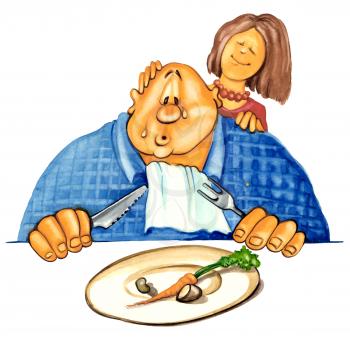 Royalty Free Clipart Image of a Man Dieting and His Wife Touching His Head