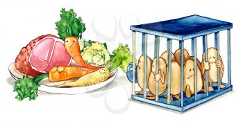 Royalty Free Clipart Image of Potatoes in a Cage Beside a Plate of Meat and Vegetables