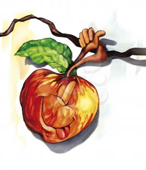 Royalty Free Clipart Image of a Funny Apple on a Branch
