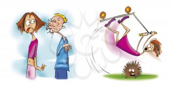 Royalty Free Clipart Image of a Girl About to be Kissed by a Pimply Boy Then Falling on a Porcupine