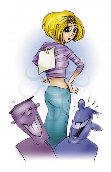 Royalty Free Clipart Image of a Girl With a Note on Her Back and Two Guys Laughing