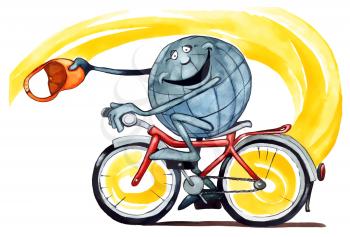 Royalty Free Clipart Image of the Earth Riding a Bike