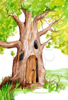 Royalty Free Clipart Image of a Tree With a Door in It