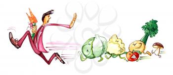 Royalty Free Clipart Image of a Man Running From Vegetables