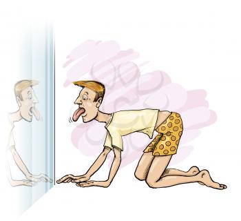 Royalty Free Clipart Image of a Man on His Hands and Knees Looking at His Tongue in the Mirror