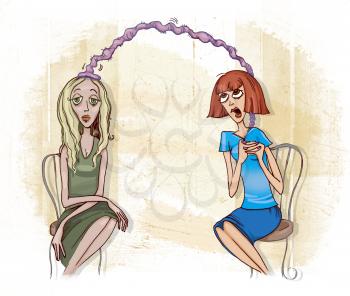 Royalty Free Clipart Image of Two Women With a Pink Strand Between Their Heads