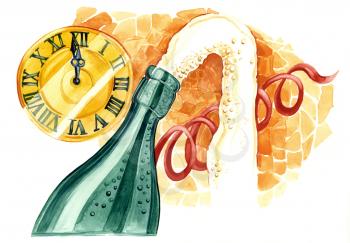 Royalty Free Clipart Image of a Bottle of Champagne Uncorked and a Clock Indicating Midnight