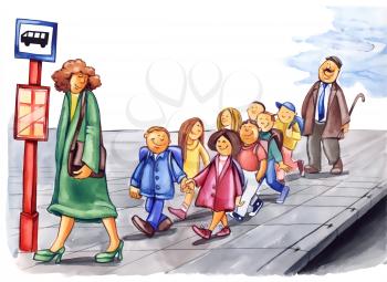 Royalty Free Clipart Image of a Row of Children at a Bus Stop