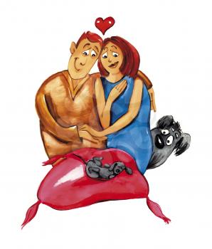 Royalty Free Clipart Image of a Couple With a Dog and a Puppy on a Pillow