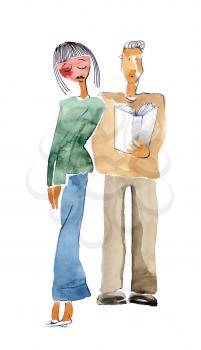 Royalty Free Clipart Image of a Shy Girl and a Guy Behind Her