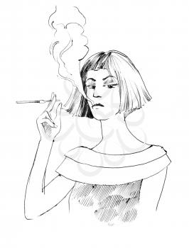 Royalty Free Clipart Image of a Woman Smoking a Cigarette