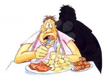 Royalty Free Clipart Image of an Overweight Man Eating With His Shadow Behind