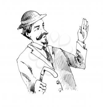 Royalty Free Clipart Image of a Retro Man With a Moustache and a Walking Stick
