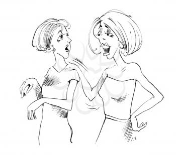 Royalty Free Clipart Image of a Sketch of Two Women Talking