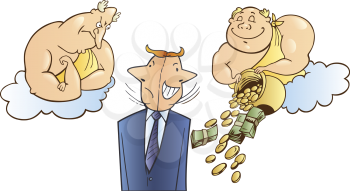 Royalty Free Clipart Image of a Man With Two Angels, One Mean, One Giving Him Money