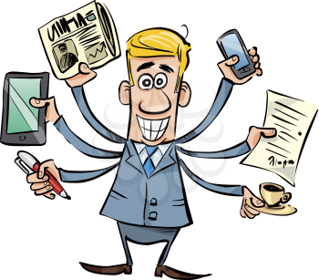 Royalty Free Clipart Image of a Busy Businessman With Many Arms Holding Many Things