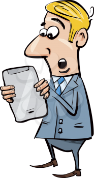 Royalty Free Clipart Image of a Man Looking Startled at a Tablet