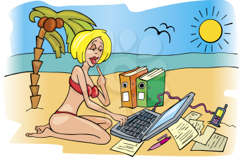 Royalty Free Clipart Image of a Woman on the Beach With a Computer