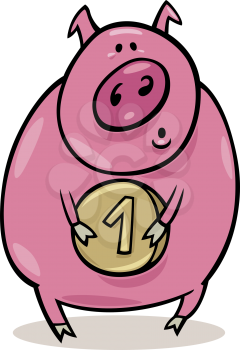 Royalty Free Clipart Image of a Pink Pig Holding a Coin