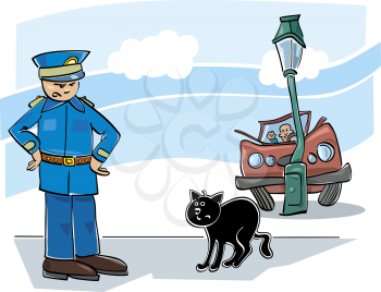 Royalty Free Clipart Image of a Car Crash, a Policeman and a Cat