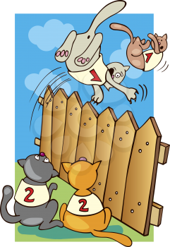 Royalty Free Clipart Image of Cats Jumping Over a Fence