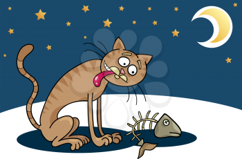 Royalty Free Clipart Image of a Hungry Cat and a Fish Bone