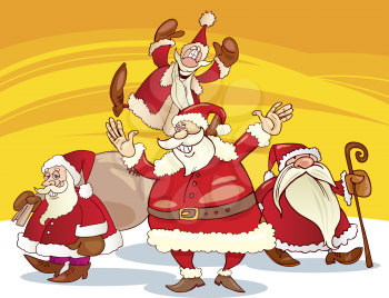 Royalty Free Clipart Image of a Group of Santas