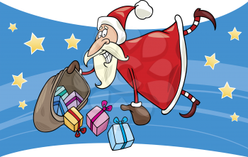 Royalty Free Clipart Image of a Flying Santa With Gifts